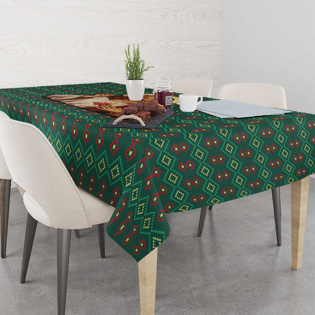 Sacred Heart Jesus Christmas Tablecloth with Festive Green Knit Pattern - Wonder Print Shop