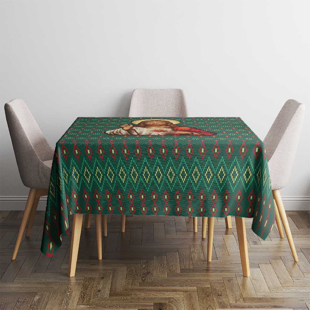 Sacred Heart Jesus Christmas Tablecloth with Festive Green Knit Pattern - Wonder Print Shop