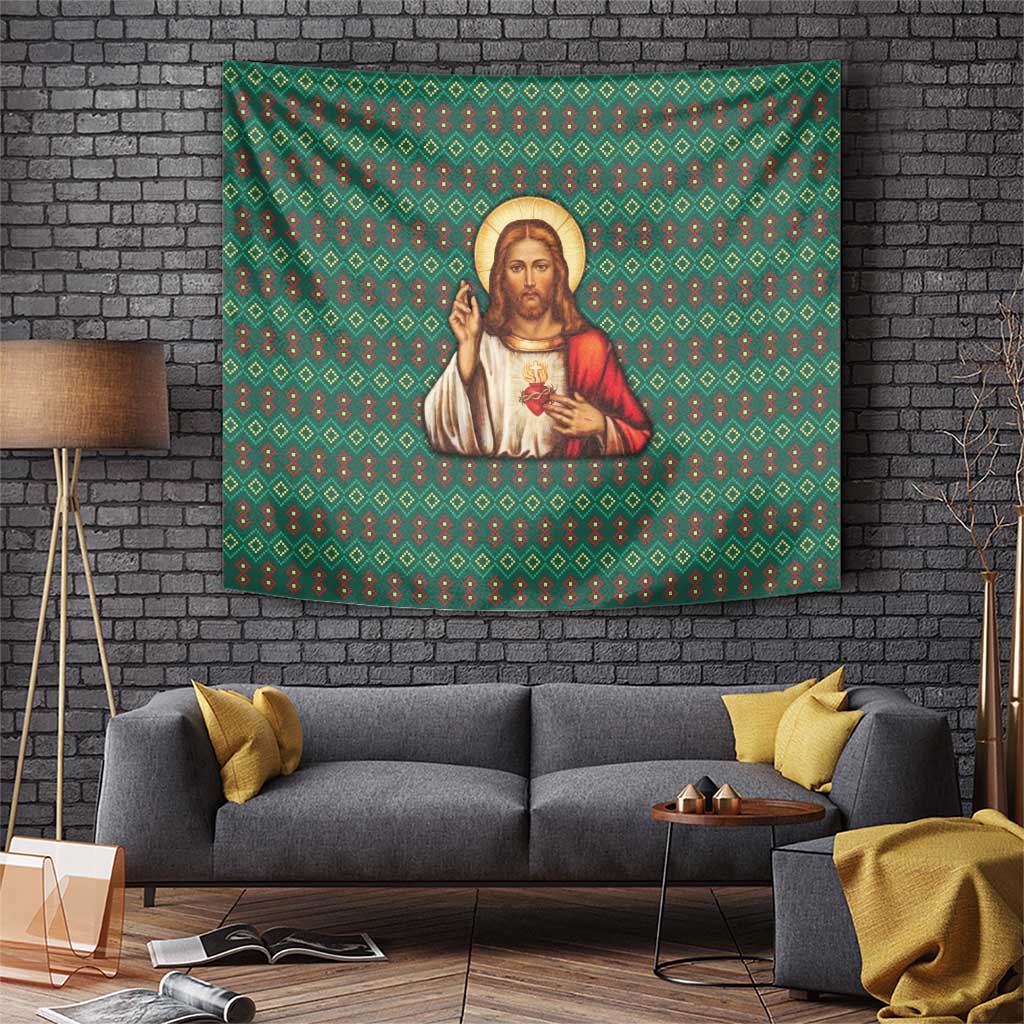 Sacred Heart Jesus Christmas Tapestry with Festive Green Knit Pattern - Wonder Print Shop