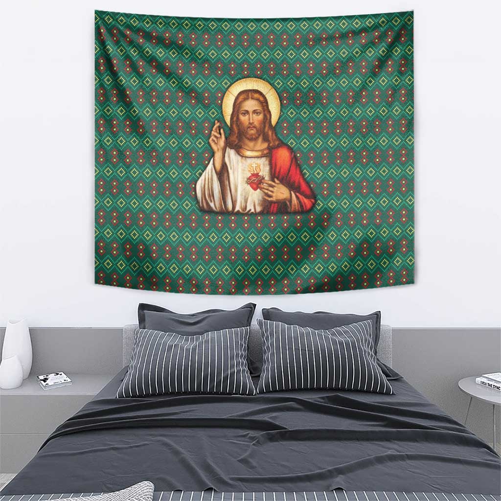 Sacred Heart Jesus Christmas Tapestry with Festive Green Knit Pattern - Wonder Print Shop