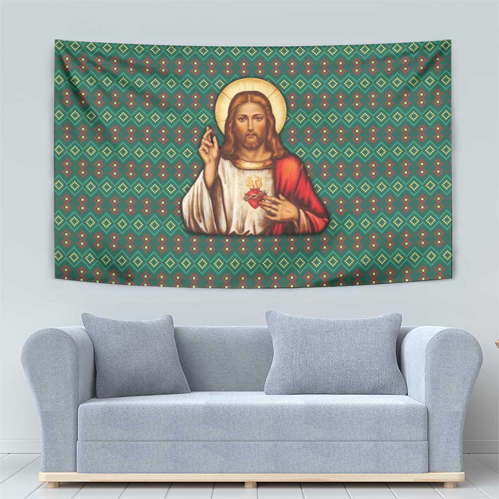 Sacred Heart Jesus Christmas Tapestry with Festive Green Knit Pattern - Wonder Print Shop