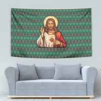 Sacred Heart Jesus Christmas Tapestry with Festive Green Knit Pattern - Wonder Print Shop