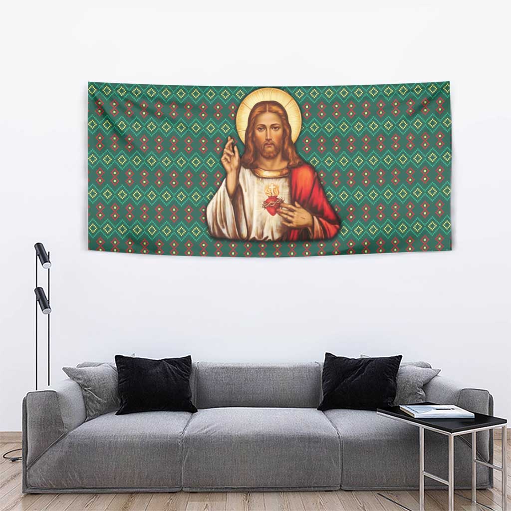 Sacred Heart Jesus Christmas Tapestry with Festive Green Knit Pattern - Wonder Print Shop