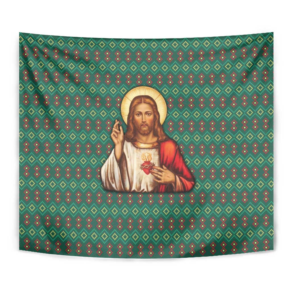 Sacred Heart Jesus Christmas Tapestry with Festive Green Knit Pattern - Wonder Print Shop