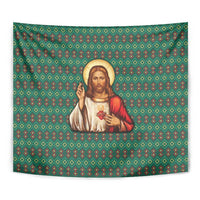Sacred Heart Jesus Christmas Tapestry with Festive Green Knit Pattern - Wonder Print Shop
