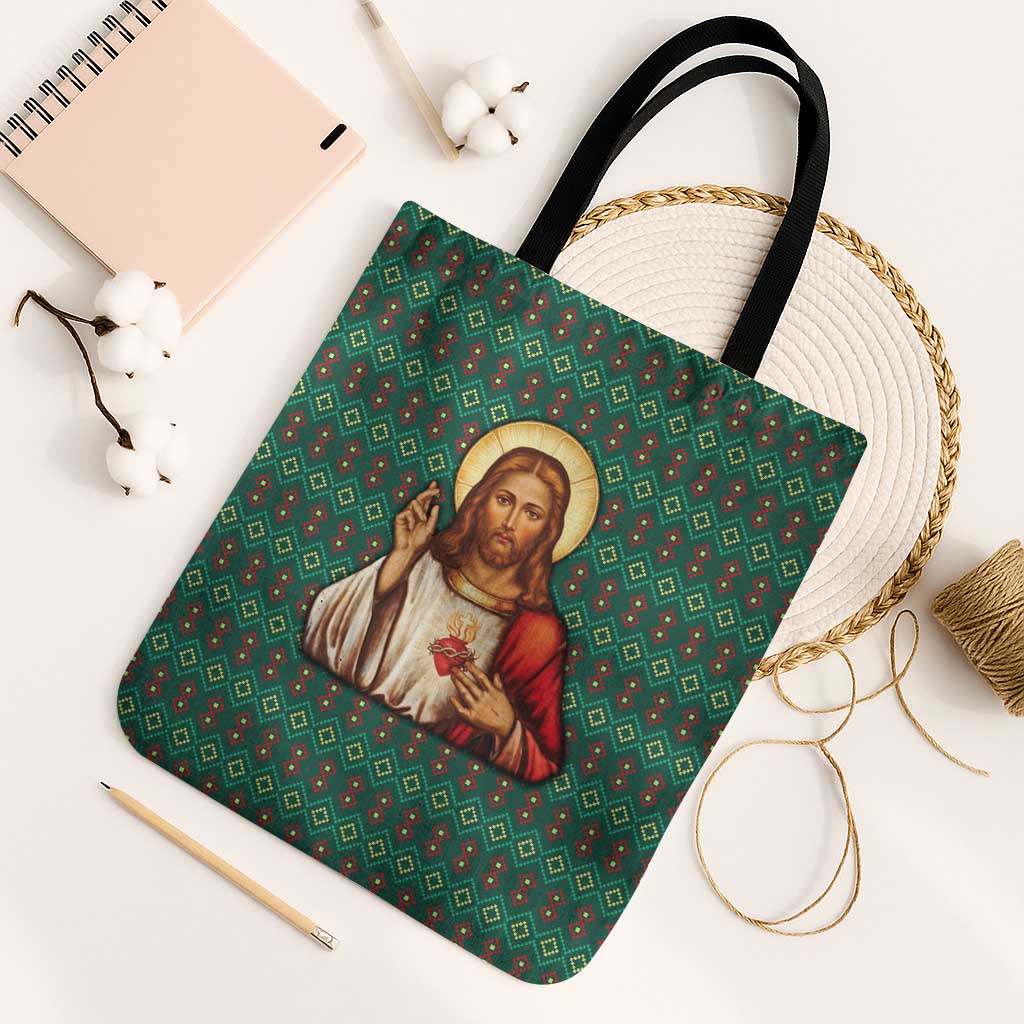 Sacred Heart Jesus Christmas Tote Bag with Festive Green Knit Pattern - Wonder Print Shop