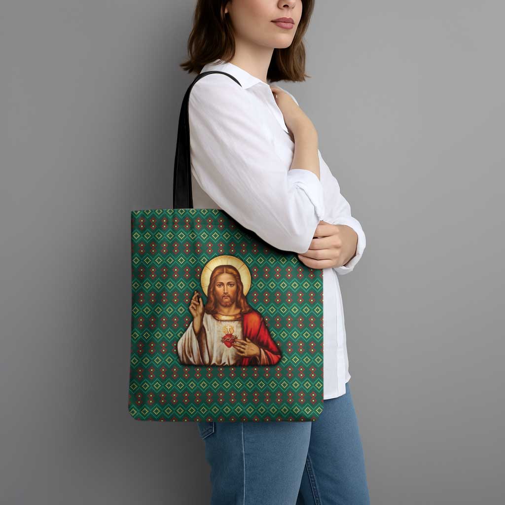 Sacred Heart Jesus Christmas Tote Bag with Festive Green Knit Pattern - Wonder Print Shop