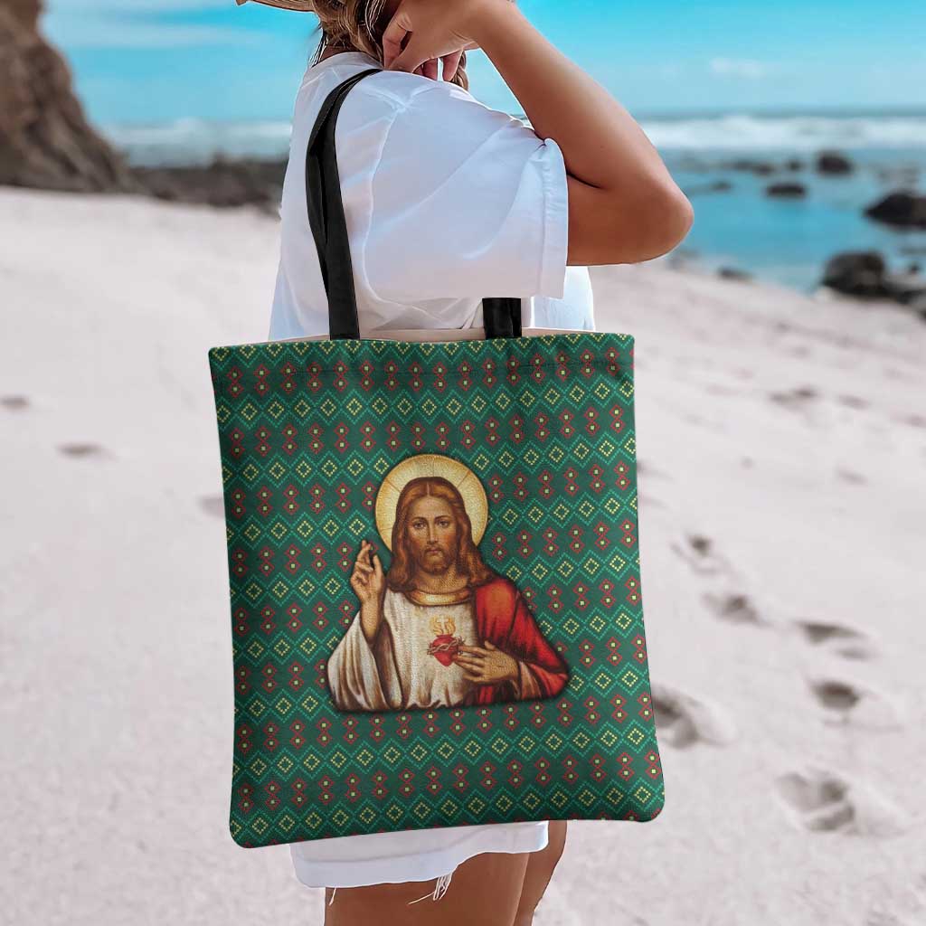 Sacred Heart Jesus Christmas Tote Bag with Festive Green Knit Pattern - Wonder Print Shop