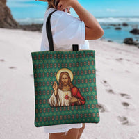 Sacred Heart Jesus Christmas Tote Bag with Festive Green Knit Pattern - Wonder Print Shop