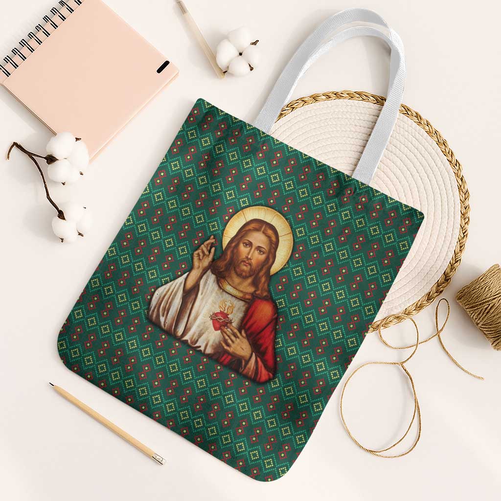 Sacred Heart Jesus Christmas Tote Bag with Festive Green Knit Pattern - Wonder Print Shop
