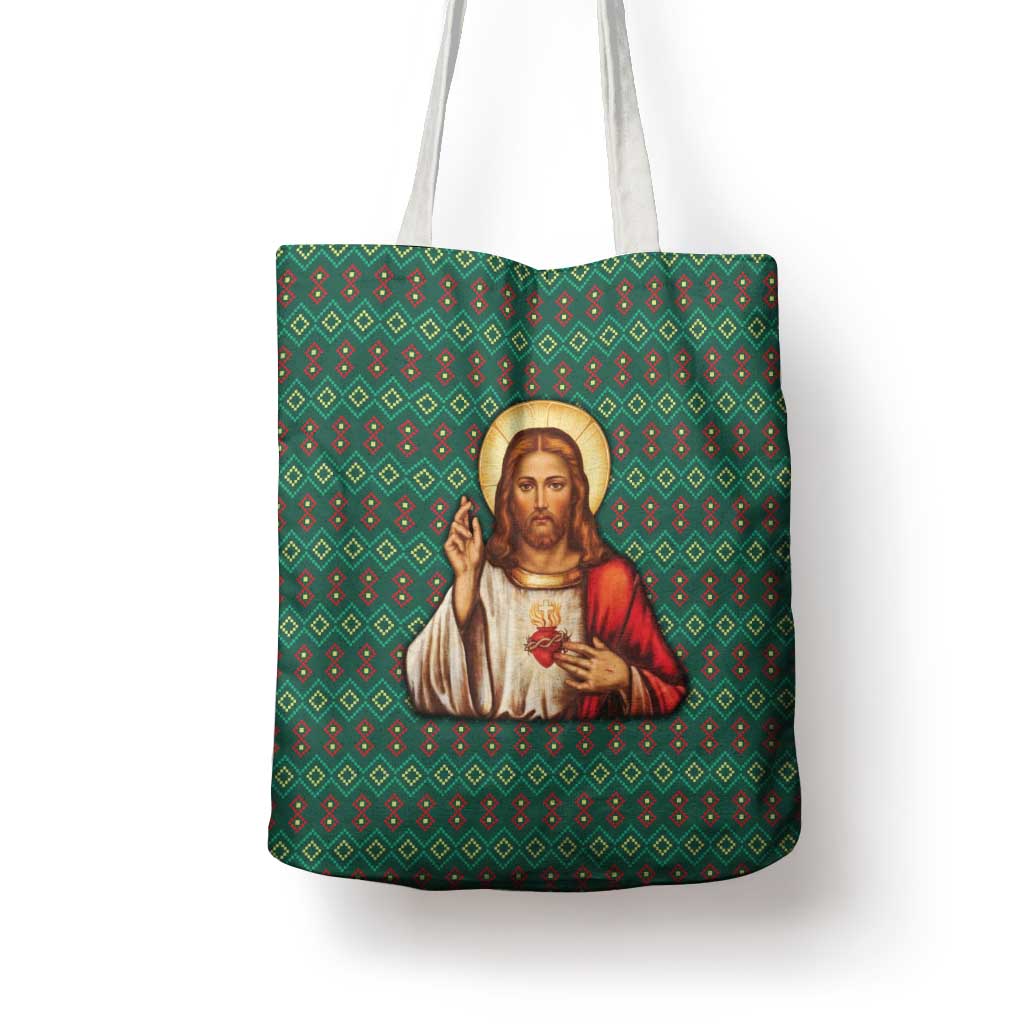 Sacred Heart Jesus Christmas Tote Bag with Festive Green Knit Pattern - Wonder Print Shop
