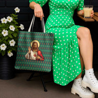Sacred Heart Jesus Christmas Tote Bag with Festive Green Knit Pattern - Wonder Print Shop