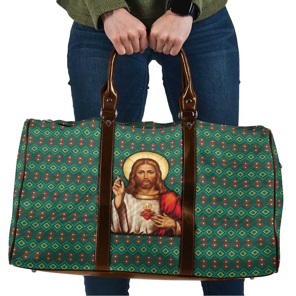 Sacred Heart Jesus Christmas Travel Bag with Festive Green Knit Pattern - Wonder Print Shop
