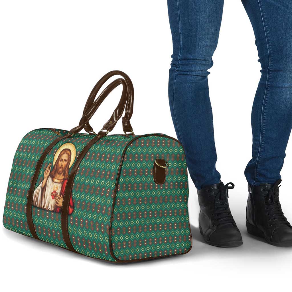 Sacred Heart Jesus Christmas Travel Bag with Festive Green Knit Pattern - Wonder Print Shop