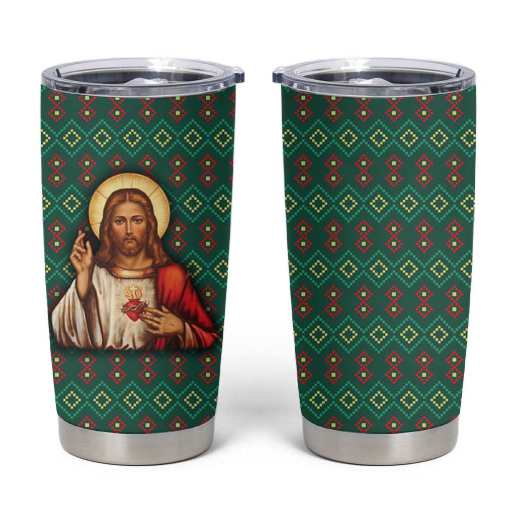Sacred Heart Jesus Christmas Tumbler Cup with Festive Green Knit Pattern - Wonder Print Shop