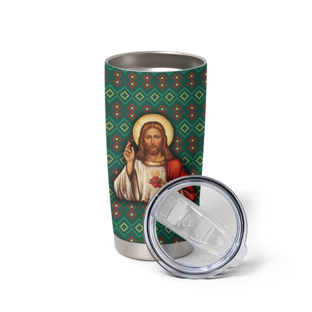 Sacred Heart Jesus Christmas Tumbler Cup with Festive Green Knit Pattern - Wonder Print Shop