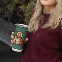 Sacred Heart Jesus Christmas Tumbler Cup with Festive Green Knit Pattern - Wonder Print Shop