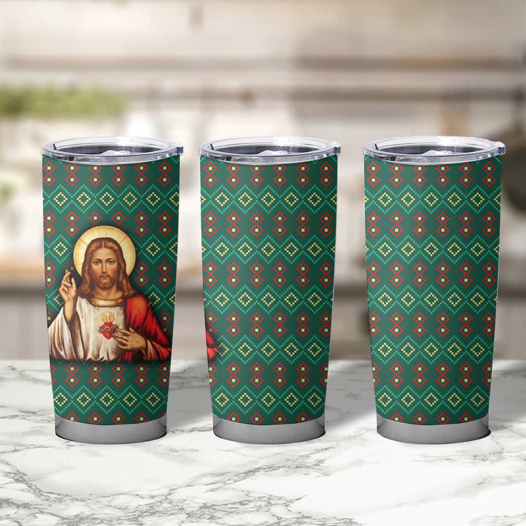 Sacred Heart Jesus Christmas Tumbler Cup with Festive Green Knit Pattern - Wonder Print Shop
