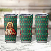 Sacred Heart Jesus Christmas Tumbler Cup with Festive Green Knit Pattern - Wonder Print Shop