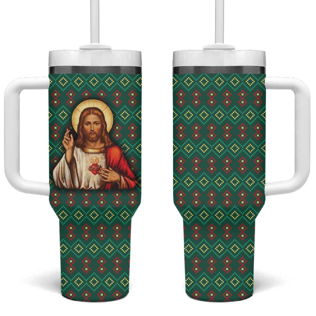 Sacred Heart Jesus Christmas Tumbler With Handle with Festive Green Knit Pattern - Wonder Print Shop