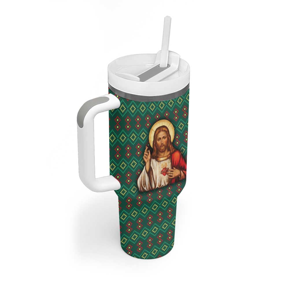 Sacred Heart Jesus Christmas Tumbler With Handle with Festive Green Knit Pattern - Wonder Print Shop