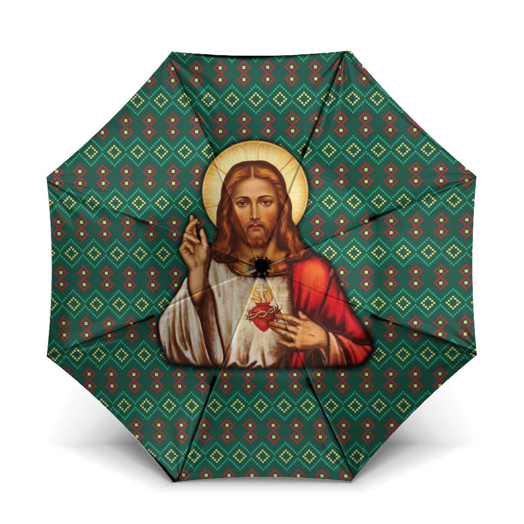 Sacred Heart Jesus Christmas Umbrella with Festive Green Knit Pattern - Wonder Print Shop