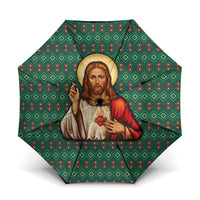 Sacred Heart Jesus Christmas Umbrella with Festive Green Knit Pattern - Wonder Print Shop