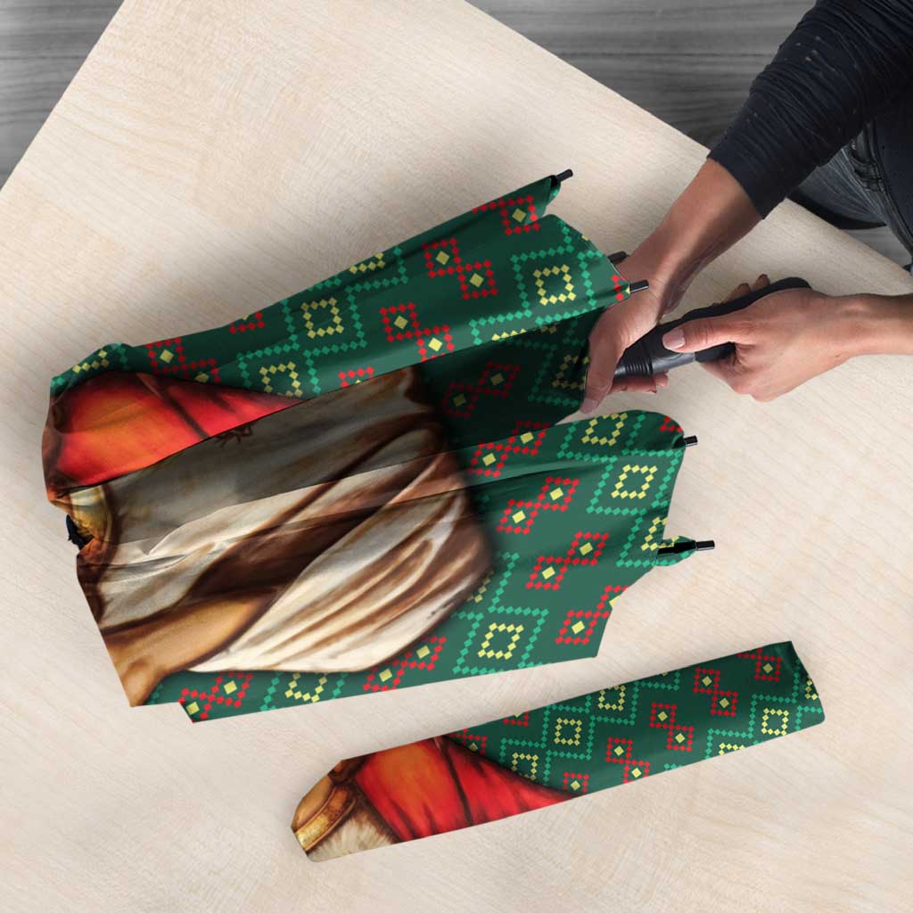 Sacred Heart Jesus Christmas Umbrella with Festive Green Knit Pattern - Wonder Print Shop