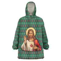Sacred Heart Jesus Christmas Wearable Blanket Hoodie with Festive Green Knit Pattern - Wonder Print Shop