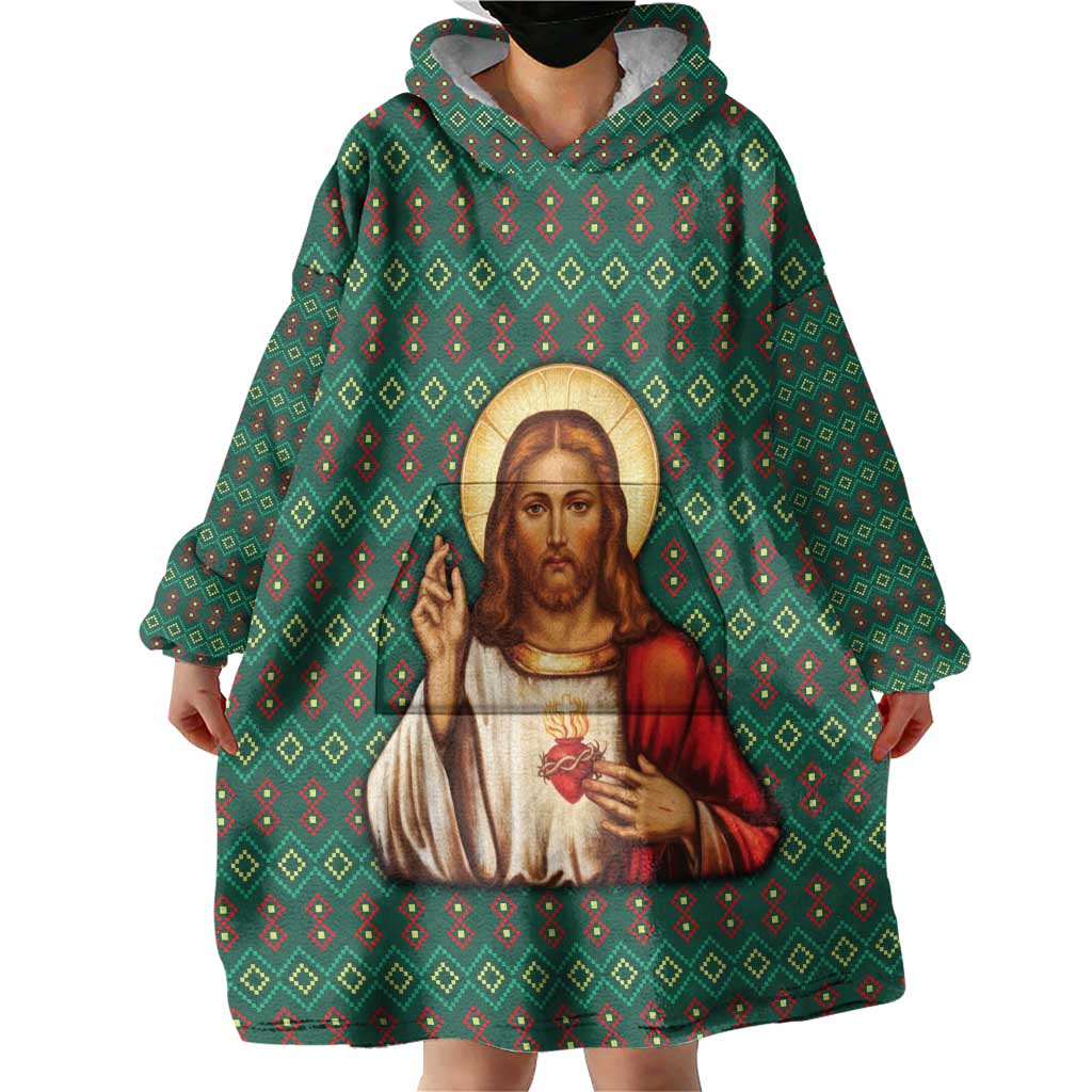 Sacred Heart Jesus Christmas Wearable Blanket Hoodie with Festive Green Knit Pattern - Wonder Print Shop
