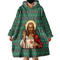 Sacred Heart Jesus Christmas Wearable Blanket Hoodie with Festive Green Knit Pattern - Wonder Print Shop