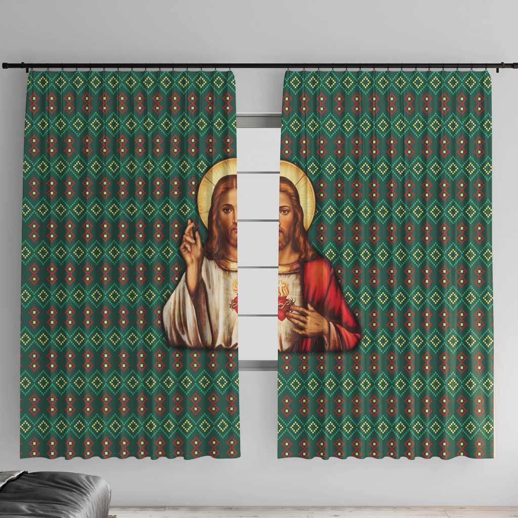 Sacred Heart Jesus Christmas Window Curtain with Festive Green Knit Pattern - Wonder Print Shop