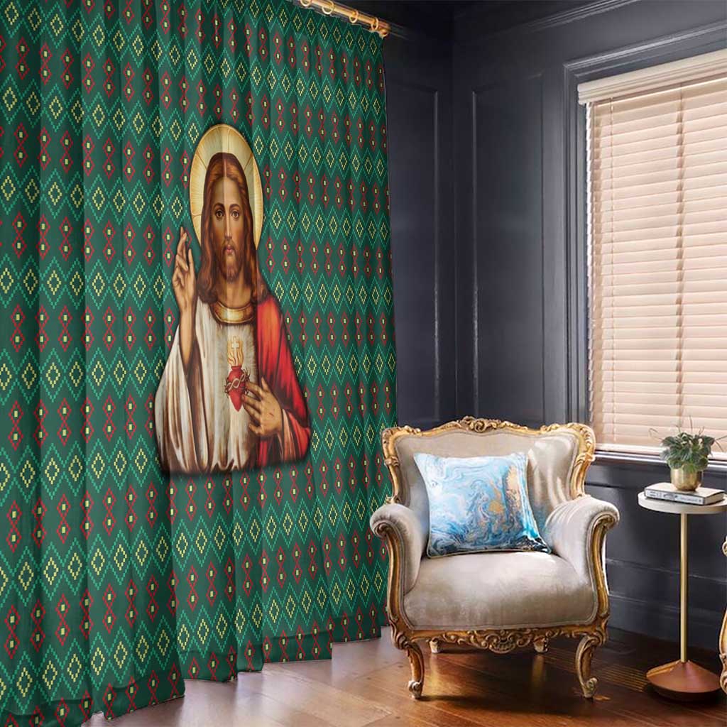 Sacred Heart Jesus Christmas Window Curtain with Festive Green Knit Pattern - Wonder Print Shop