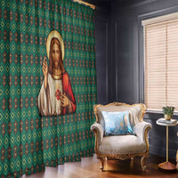 Sacred Heart Jesus Christmas Window Curtain with Festive Green Knit Pattern - Wonder Print Shop