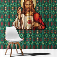 Sacred Heart Jesus Christmas Window Curtain with Festive Green Knit Pattern - Wonder Print Shop