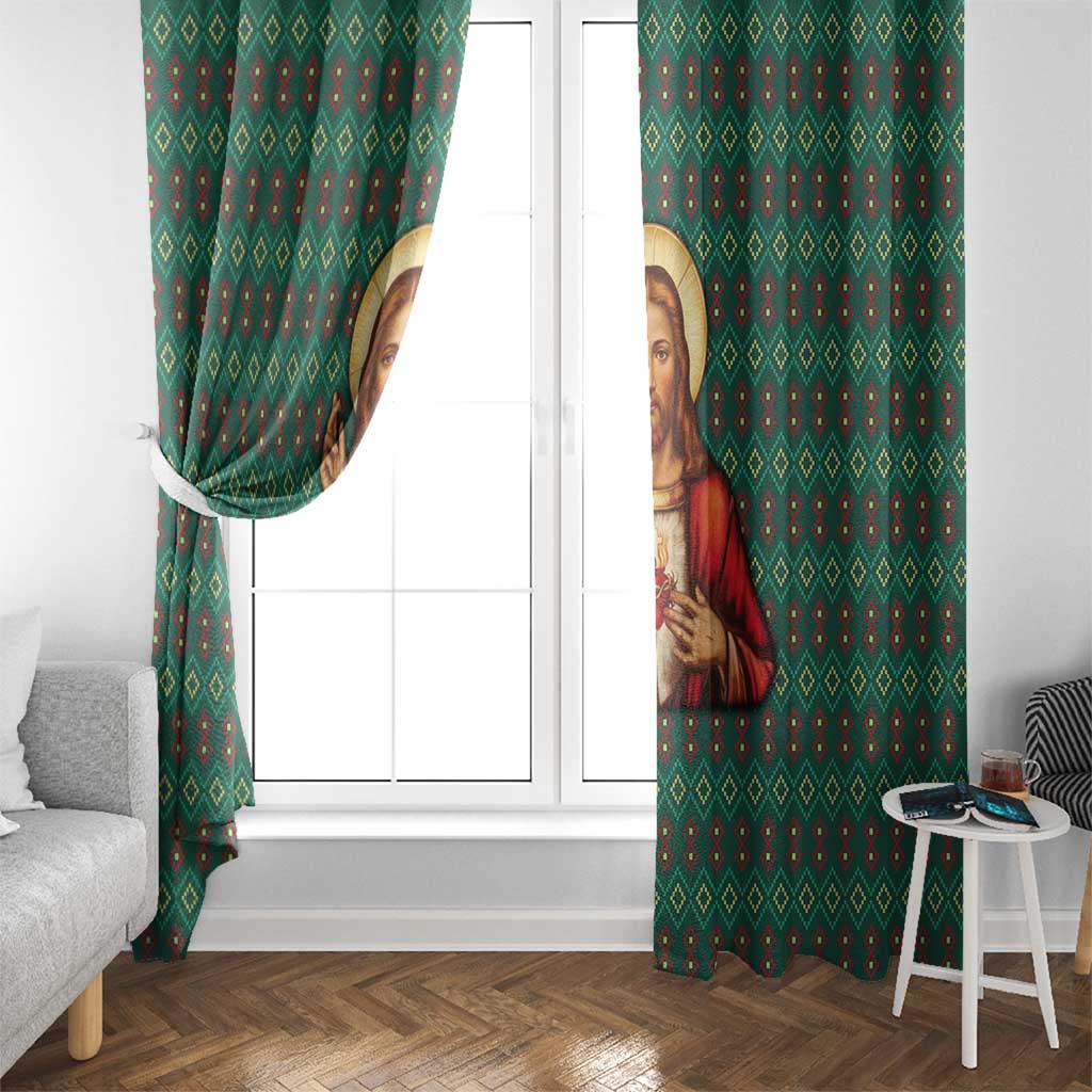 Sacred Heart Jesus Christmas Window Curtain with Festive Green Knit Pattern - Wonder Print Shop