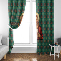 Sacred Heart Jesus Christmas Window Curtain with Festive Green Knit Pattern - Wonder Print Shop