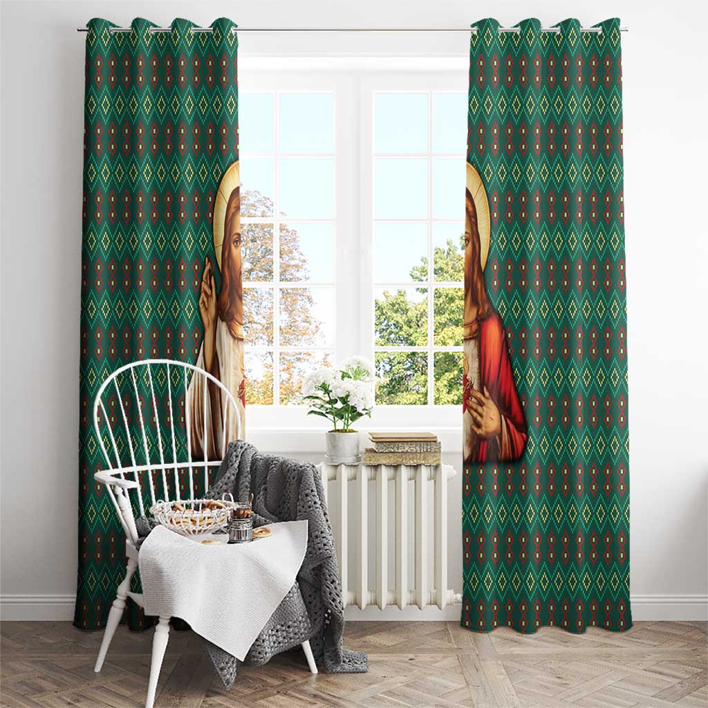 Sacred Heart Jesus Christmas Window Curtain with Festive Green Knit Pattern - Wonder Print Shop