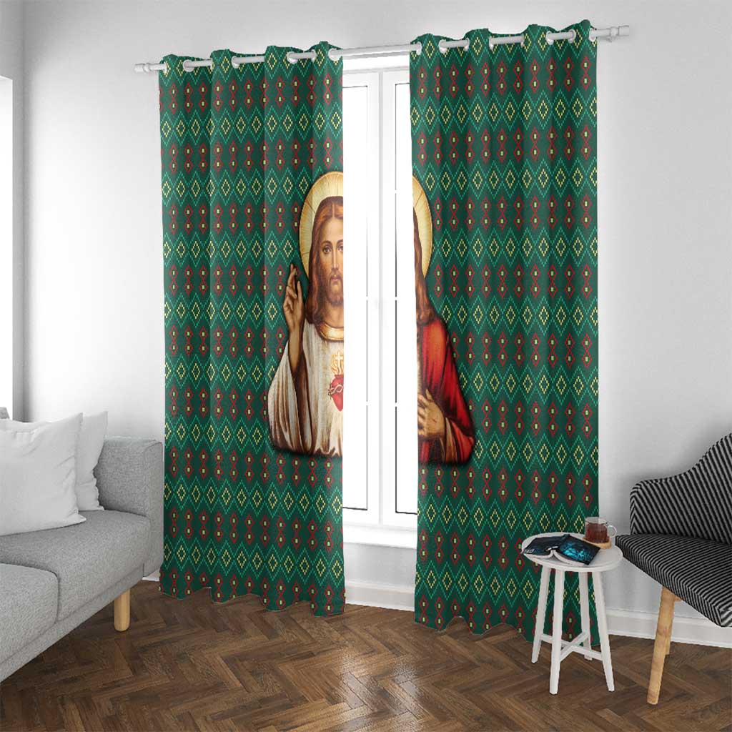 Sacred Heart Jesus Christmas Window Curtain with Festive Green Knit Pattern - Wonder Print Shop
