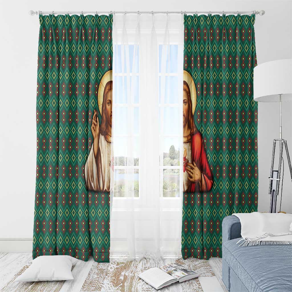 Sacred Heart Jesus Christmas Window Curtain with Festive Green Knit Pattern - Wonder Print Shop
