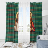 Sacred Heart Jesus Christmas Window Curtain with Festive Green Knit Pattern - Wonder Print Shop
