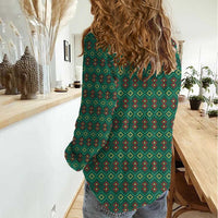 Sacred Heart Jesus Christmas Women Casual Shirt with Festive Green Knit Pattern - Wonder Print Shop