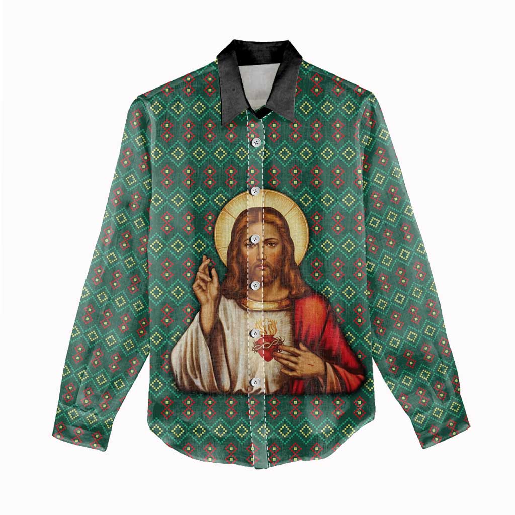 Sacred Heart Jesus Christmas Women Casual Shirt with Festive Green Knit Pattern - Wonder Print Shop