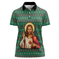 Sacred Heart Jesus Christmas Women Polo Shirt with Festive Green Knit Pattern - Wonder Print Shop