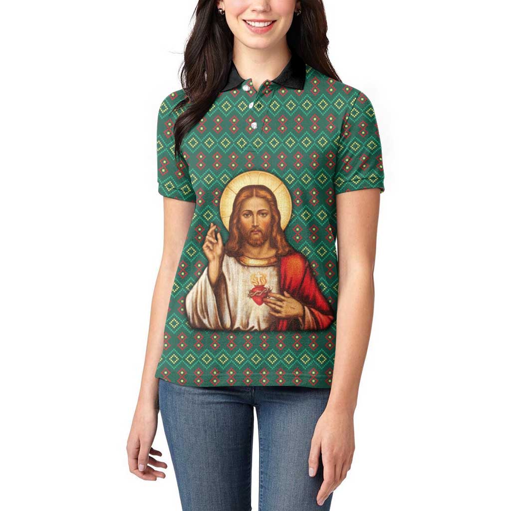 Sacred Heart Jesus Christmas Women Polo Shirt with Festive Green Knit Pattern - Wonder Print Shop