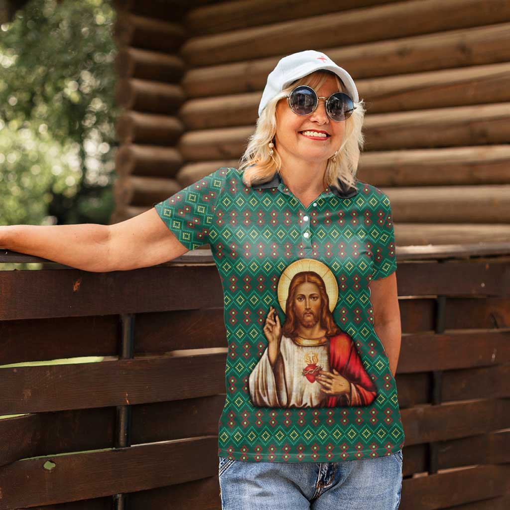 Sacred Heart Jesus Christmas Women Polo Shirt with Festive Green Knit Pattern - Wonder Print Shop