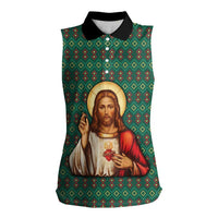 Sacred Heart Jesus Christmas Women Sleeveless Polo Shirt with Festive Green Knit Pattern - Wonder Print Shop