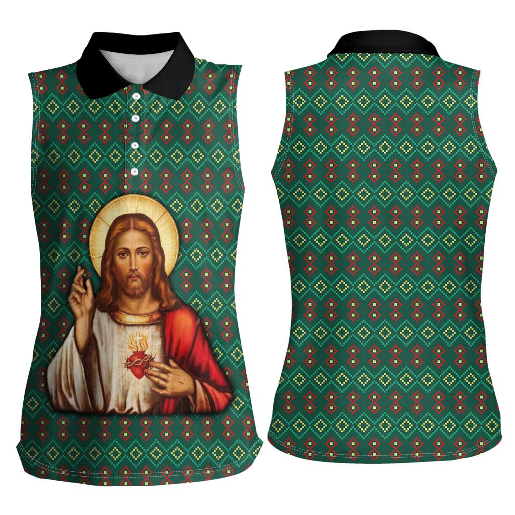 Sacred Heart Jesus Christmas Women Sleeveless Polo Shirt with Festive Green Knit Pattern - Wonder Print Shop