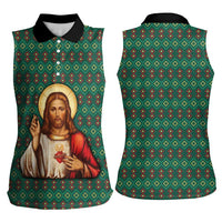 Sacred Heart Jesus Christmas Women Sleeveless Polo Shirt with Festive Green Knit Pattern - Wonder Print Shop
