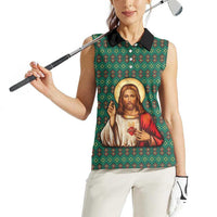 Sacred Heart Jesus Christmas Women Sleeveless Polo Shirt with Festive Green Knit Pattern - Wonder Print Shop